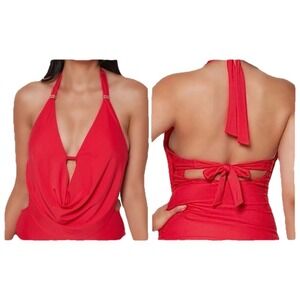 Bar III Plunging Cowlneck Halter Tankini Top, Color Red, Size Small, NWOT